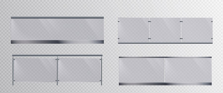 Balcony or stairway glass banister with plexiglass panel and metal tubular beam fasteners. Realistic vector illustration set of horizontal transparent acrylic handrail for terrace guardrail and fence.のイラスト素材