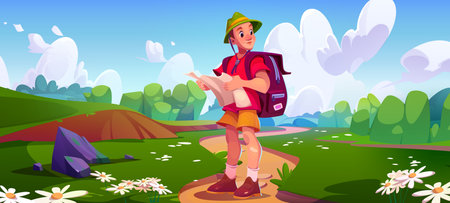 Male tourist with backpack and map in hands stands on path way in meadow with green grass and wildflowers. Cartoon vector of active trekking recreation and adventure. Young man travels outdoorsのイラスト素材
