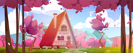 Cozy chalet and sakura trees in spring mountain valley. Vector cartoon illustration of small wooden house with porch, stairs and chimney on roof, pink cherry blossom petals flying in air, blue skyのイラスト素材