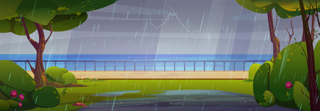 Cartoon storm and rain landscape with sea or river skyline and city park on waterfront street with puddles on green grass and trees, pathway and handrail, under falling rainy drops and lightning.のイラスト素材