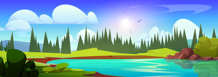 Summer valley with lake and fir tree forest. Vector cartoon illustration of beautiful spring landscape, blue water in mountain river, green grass and bushes on hills, sun shining bright in blue skyのイラスト素材