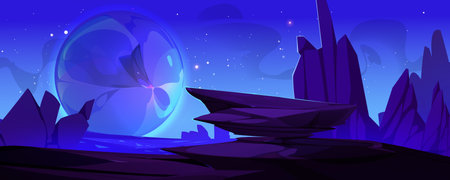 Alien planet landscape at night. Vector cartoon illustration of rocky terrain with stones and craters, neon blue globe on dark horizon, starry sky, space adventure game background, futuristic galaxyのイラスト素材