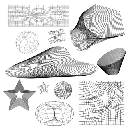 Abstract wireframe figure drawings set isolated on white background. Vector illustration of 3D grid symbols, y2k mesh globe, star, cone, torus, landscape structure, terrain pattern model designのイラスト素材