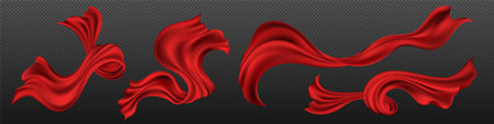 Sheet of red silk ribbon flying and curving in air. Realistic vector illustration set of satin fabric curtain wave on wind. Breeze blowing and flowing pieces of textile cloth drapery tape with folds.のイラスト素材
