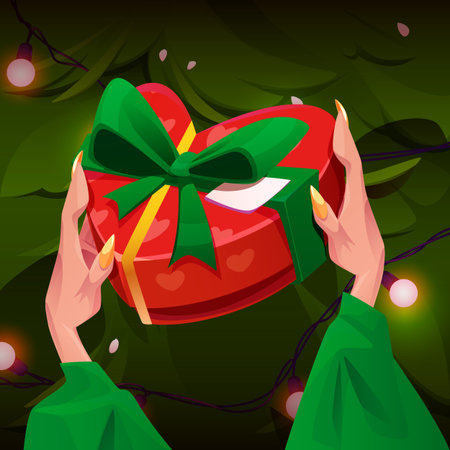 Woman hands in green sweater hold wrapped red heart shaped gift box decorated with ribbon and bow against background of festive Christmas tree. Xmas and New Year congratulation or giveaway concept.のイラスト素材