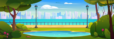 Summer day on city promenade with lake. Vector cartoon illustration of urban park alley with street lanterns, green trees, bushes, grass, flowers, modern buildings on opposite bank, birds in blue skyのイラスト素材