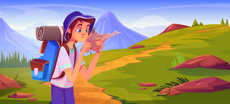 Teen male tourist hiking in mountains. Vector cartoon illustration of young man with backpack checking paper map for destination route, green fir trees, stones along footpath on hill, outdoor activityのイラスト素材