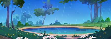 Lake in rainy summer forest. Vector cartoon illustration of wet trees and flowers in green spring valley, rainfall in fairytale woodland, water dropping from gloomy cloudy sky, beautiful sceneryのイラスト素材