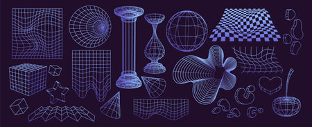 Abstract wireframe shapes set isolated on background. Vector illustration of 3D grid geometric icons, y2k mesh cube, globe, heart, cherry, pillar, star, cone, landscape structure, cyber space elementsのイラスト素材