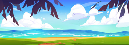 Sea beach landscape with palm trees. Vector cartoon illustration of seascape view from summer island with green grass and sand, waves on water surface, sun shining in blue sky, travel backgroundのイラスト素材