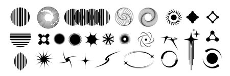 Retro futuristic black icons set isolated on white background. Vector illustration of star, circle, flash, flower shape symbols, abstract design elements for y2k retro wave poster, vintage banner,のイラスト素材