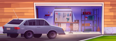 Garage room cartoon interior with tool storage. Workshop inside illustration with car parking on driveway near house building. Carpentry storeroom at home with table, inventory on rack concept.のイラスト素材