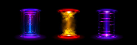 Futuristic light portals set isolated on black background. Vector realistic illustration of neon blue, purple, yellow holograms for space game ui design, smoke and sparkles effect, digital teleportのイラスト素材