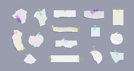 Pieces of paper with torn edges attached with adhesive tape. Realistic vector illustration set of cut collage cardboard of different shapes with teared borders. Sticky blank ragged and ripped sheets.のイラスト素材