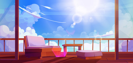 Wooden terrace with table and armchair above clouds against blue sky with sun. Cartoon patio or balcony made of wood with furniture for relax. Modern high house or hotel penthouse with deck for rest.のイラスト素材