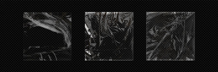 Vinyl transparent wrap film for packaging with overlay effect. Whole with wrinkles and folds and torn square plastic cover. Realistic vector illustration set of cellophane or polythene wrapper mockup.のイラスト素材