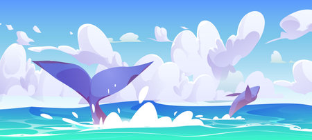 Cartoon sea or ocean landscape with jumping whales. Sunny day vector illustration with whale or orca tail and splashes on water. Observing and exploring large cetacean animal in its natural habitat.のイラスト素材