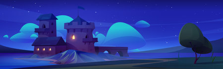 Royal medieval castle on island at night. Cartoon vector dark midnight landscape of ancient fairytale palace with flag on tower under starry sky with clouds and moonlight. Fantasy kingdom building.のイラスト素材