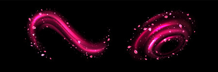 Pink light circular neon elements with swoosh effect and flower petals. Realistic vector illustration set of glowing swirl circle lines with flying leaves and sparkles. Magic luminous wave wind.のイラスト素材