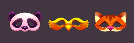 Cute animal carnival masks set isolated on black background. Vector cartoon illustration of kids panda, bird, cat costume elements, masquerade festival decoration, child birthday party fun symbolのイラスト素材