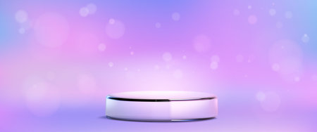 Glass transparent cylinder product podium on abstract pastel pink and purple wall and floor background. Realistic vector plexiglass or plastic round stand for goods display. Pillar crystal pedestal.のイラスト素材