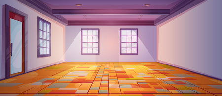 Empty room interior design. Vector cartoon illustration of spacious premises with daylight in glass windows, closed door, wooden floor decorated with abstract pattern, lamp on ceiling, roomy apartmentのイラスト素材