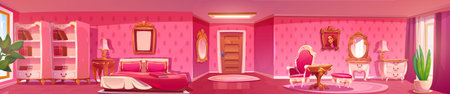 Panoramic princess bedroom interior with entrance door and pink walls, vintage bed and chairs, books in cabinet and mirror. Horizontal cartoon vector royal house or apartment indoor in victorian styleのイラスト素材