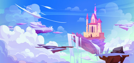 Fantasy fairytale castle on island of ground with waterfall floating in sky among clouds. Magic cartoon game vector illustration with king and princess kingdom with tower flying high in heaven.のイラスト素材