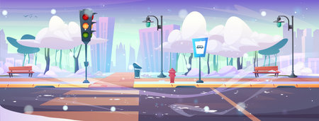 Cartoon vector winter city street landscape with sidewalk, traffic light near road with crosswalk, trees covered with snow in public park, bus stop sign and benches during snowfall and wind.のイラスト素材