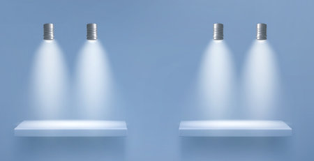 Blue wall with two empty shelves and hanging light lamp for product display. Realistic vector illustration of platform illuminated by spotlight. Mockup of gallery or exhibition studio podium.のイラスト素材