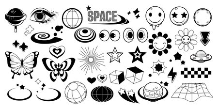 Retrowave black icons set isolated on white background. Vector illustration of y2k retro futuristic star, cube, planet, flower, butterfly, eyes, lollipop, sun, heart, wireframe landscape shape symbolsのイラスト素材