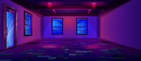 Empty room with door and windows at night. Cartoon vector illustration of blank chamber interior with decorative floor and red light lamps on ceiling. Dark house or office indoor place with spotlight.のイラスト素材