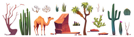 Arizona desert landscape creation elements with green cactus and dry tree, big brown mountain rock and camel. Cartoon vector illustration set of african or mexican vegetation, animal and stones.のイラスト素材