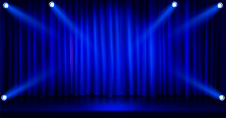 Blue curtain with spotlights on stage. Vector realistic illustration of concert hall with lamps shining bright, glossy floor and fabric drapery, awarding or graduation ceremony, show banner backgroundのイラスト素材