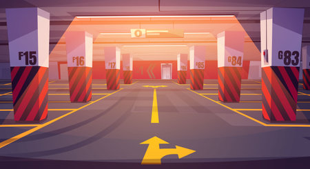 Empty underground car parking interior with markings and direction arrows, concrete floor and columns. Cartoon vector illustration of public basement lot. Garage area with free parking space.のイラスト素材
