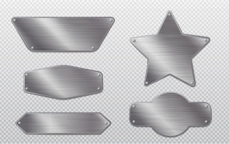 Steel metal tag plate with borders and rivets. Realistic vector set of blank aluminum nameplates or boards with space for text. Silver empty plaque or frame mockup with chrome texture surface.のイラスト素材