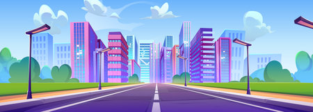 Big city with modern skyscrapers and highway perspective. Vector cartoon illustration of town with street lights and lawn along road, high-rise office and housing buildings, blue sky with white cloudsのイラスト素材