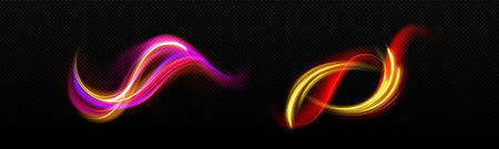 Neon color light effects set isolated on transparent background. Vector realistic illustration of yellow, red, purple, pink waves, abstract speed motion swirls, magic power trail, blurred fire flashのイラスト素材
