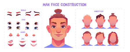 Young man face construction kit with cartoon facial parts and emotions generator. Set for creation male avatars with different nose and eyes, brows and hairstyles. Vector of guy head elements.のイラスト素材