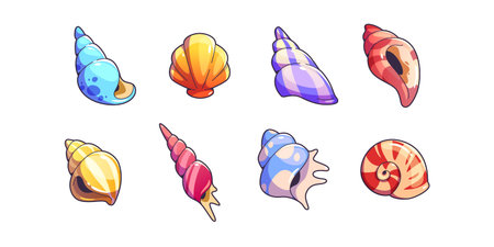 Sea shell and vessels game assets set. Cartoon vector illustration collection of cute marine underwater seashell for rpg gui design. Colorful nautical or aquarium horned, spiral and scallop conch.のイラスト素材