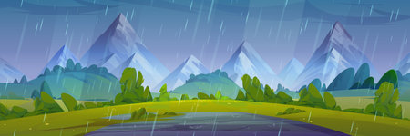 Summer rainy natural landscape with puddle on green grass of meadow in foot of high mountains. Cartoon vector panoramic country scenery with grassland near hills under rain falling from cloudy sky.のイラスト素材