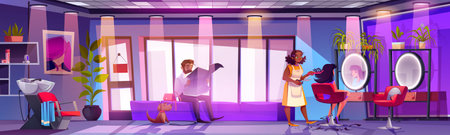 Hairdresser making hairstyle for woman in beauty salon. Vector cartoon illustration of large room with mirrors and haircut posters on wall, female client in armchair, man reading newspaper on couchのイラスト素材