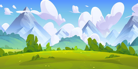 Summer natural landscape with green grass, bushes and trees on meadow in foot of high mountains. Cartoon vector panoramic scenery with grassland near hills, blue sky with clouds. Countryside scene.のイラスト素材
