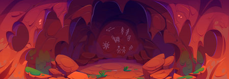 Prehistoric cave with caveman painting on stone walls. Cartoon vector illustration of neanderthal tribe dwelling inside. Dark underground rock cavern with ancient primitive drawings of life scenes.のイラスト素材