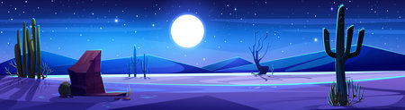 Night desert with moon glowing in sky. Vector cartoon illustration of midnight western scenery, dry area with stones, sand dunes and cacti, bright stars shimmering in darkness, travel backgroundのイラスト素材