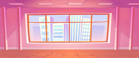 Empty office or apartment room interior with large window and view on city with modern skyscrapers. Cartoon vector illustration of clean pink house inside in sun day. Urban landscape through glass.のイラスト素材
