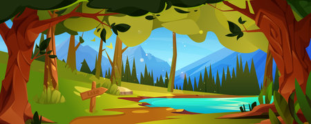 Summer natural forest landscape with green leaves on trees, soil path with wooden arrow sign to lake. Cartoon vector of sunny spring season scenery with water in pond and woods on shore.のイラスト素材