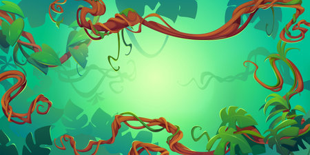 Liana branch frame on green background. Vector cartoon illustration of twisted jungle plant vines with foliage, rainforest tree stems, travel banner or adventure game backdrop design, tropic leavesのイラスト素材