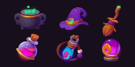 Wizard or witch game cartoon icons. Vector illustration of magic staff of cauldron with mystery green potion, purple hat and wooden broom, fantasy fortune ball and amulet, glass bulb with pink poison.のイラスト素材