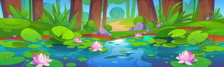 Forest summer landscape with water lilies on lake surface. Cartoon vector jungle wetland scenery with green grass and bushes, tree trunks on shore of pond with pink lotus flowers and leaf pad.のイラスト素材